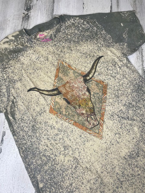 Boho Skull Olive Bleached Tee w/ Crystals