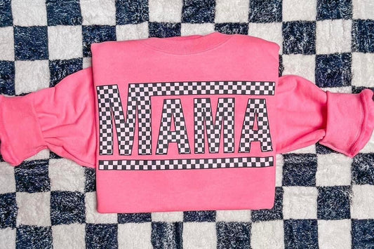 Mama Checkered Crewneck - Neon Pink